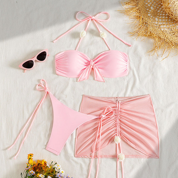 Cute Rosette Tie Side Cheeky Bow Halter Brazilian Three Piece Bikini Swimsuit