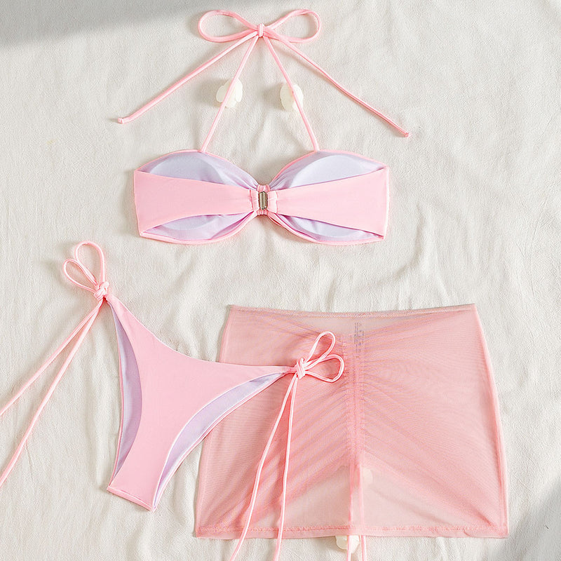 Cute Rosette Tie Side Cheeky Bow Halter Brazilian Three Piece Bikini Swimsuit