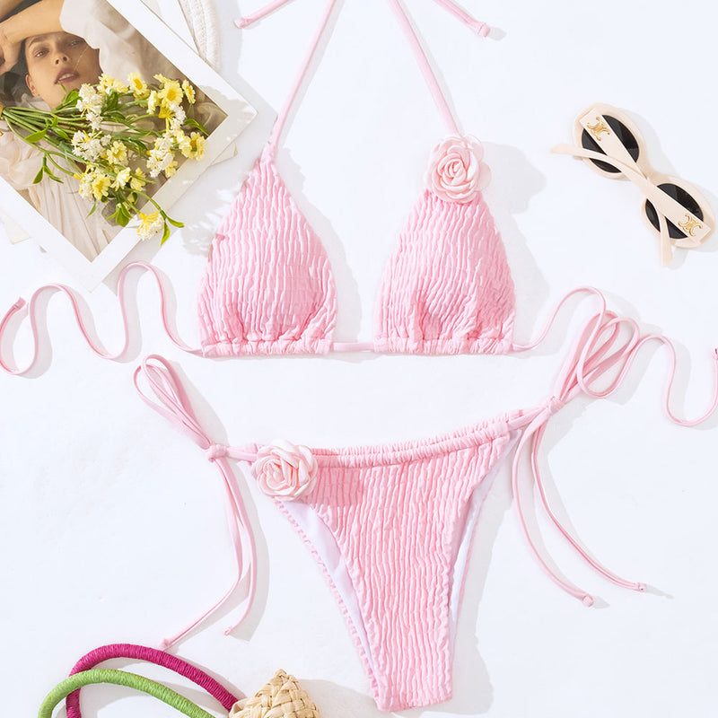 Cute Rosette Tie String Cheeky Popcorn Triangle Brazilian Two Piece Bikini Swimsuit