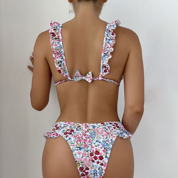 Cute Ruffle Bow Tie Front Ditsy Floral Triangle Brazilian Two Piece Bikini Swimsuit