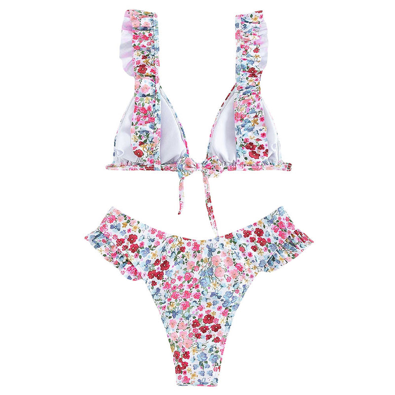 Cute Ruffle Bow Tie Front Ditsy Floral Triangle Brazilian Two Piece Bikini Swimsuit