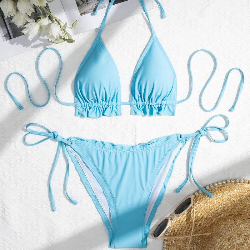 Cute Ruffle Scrunch Tie Side Triangle Halter Brazilian Two Piece Bikini Swimsuit