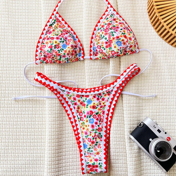 Daisy Floral Crochet Cut Out Triangle Halter Brazilian Two Piece Bikini Swimsuit