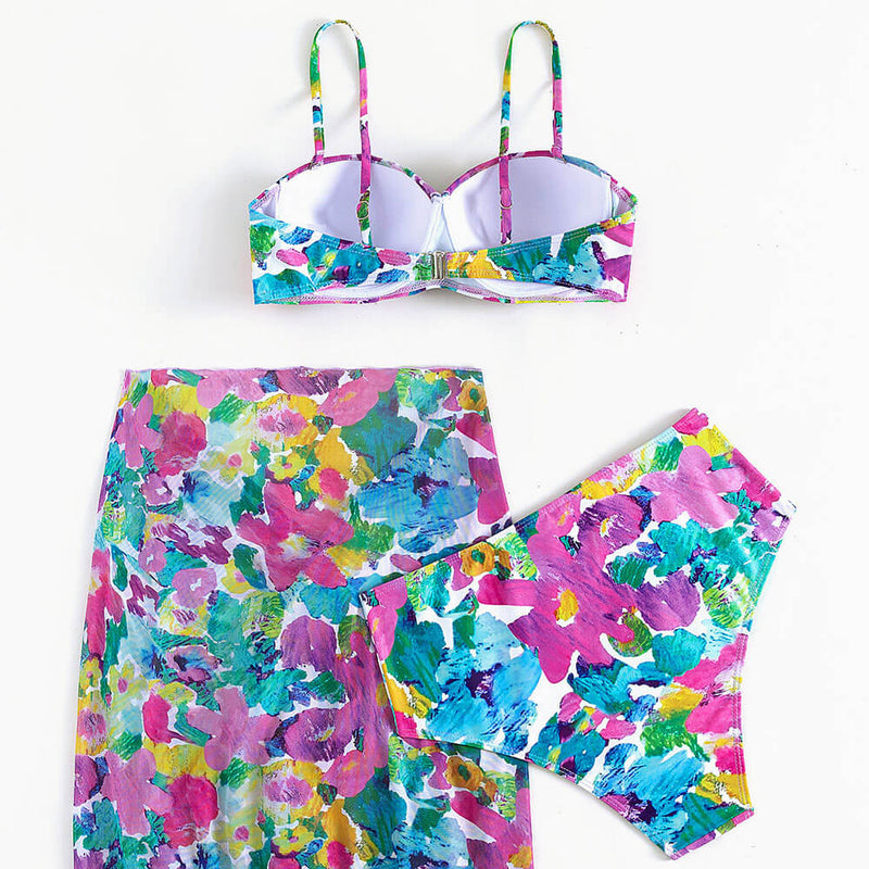 Daring Floral Print High Waist Ruffle Underwire Brazilian Three Piece Bikini Swimsuit