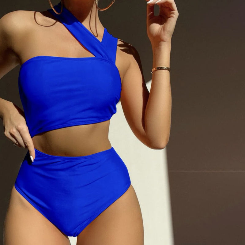 Edgy Asymmetrical Neck Cut Out High Waist Moderate Brazilian One Piece Swimsuit