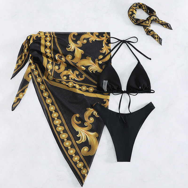 Ethnic Floral Cover Up High Leg Triangle Brazilian Three Piece Bikini Swimsuit