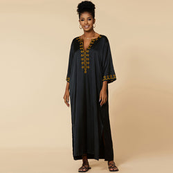 Ethnic Floral Embroidered 3/4 Sleeve Oversized Caftan Beach Cover Up
