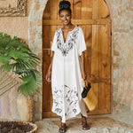 Ethnic Floral Embroidered Short Sleeve Brazilian Caftan Cover Up Midi Dress
