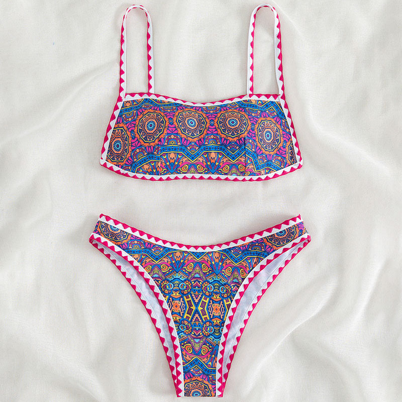 Ethnic Printed Crochet Trim Cheeky Bralette Brazilian Two Piece Bikini Swimsuit