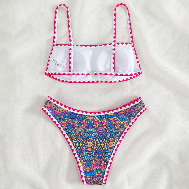 Ethnic Printed Crochet Trim Cheeky Bralette Brazilian Two Piece Bikini Swimsuit