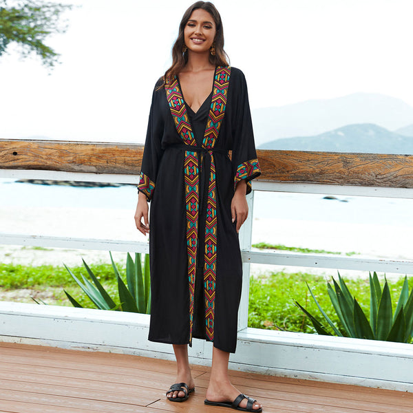 Exotic Floral Embroidered Open Front Belted Wide Sleeve Caftan Beach Cover Up