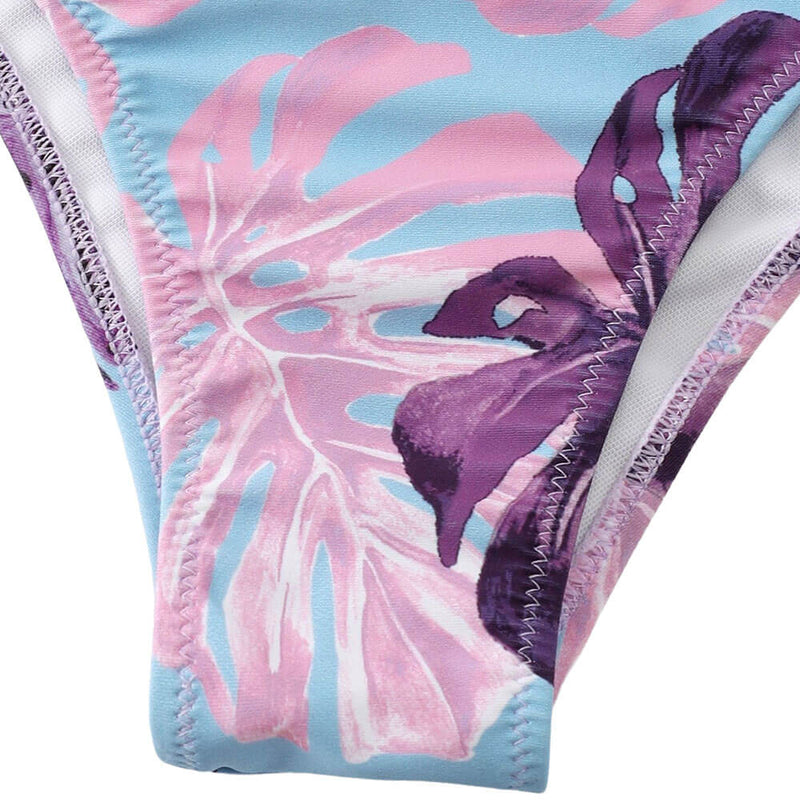 Fairy Cheeky Leaf Print Puff Sleeve Push Up Brazilian Two Piece Bikini Swimsuit
