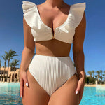 Fairy Rib Knit High Waist Cheeky Ruffle V Neck Brazilian Two Piece Bikini Swimsuit