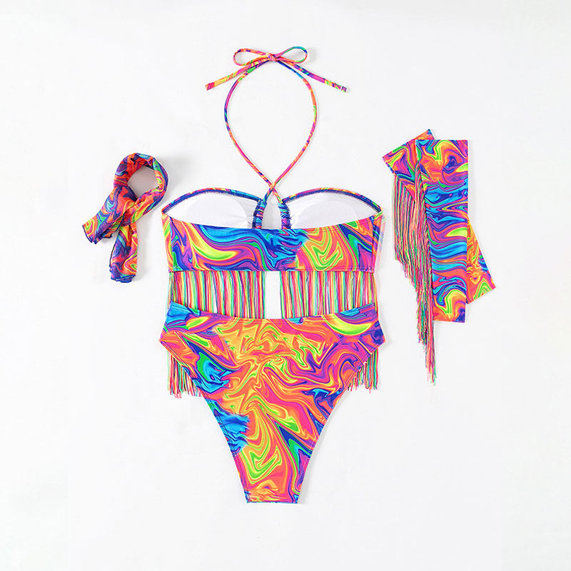 Festival Fringe Glove Tie Dye Wave Halter Brazilian Four Piece Bikini Swimsuit