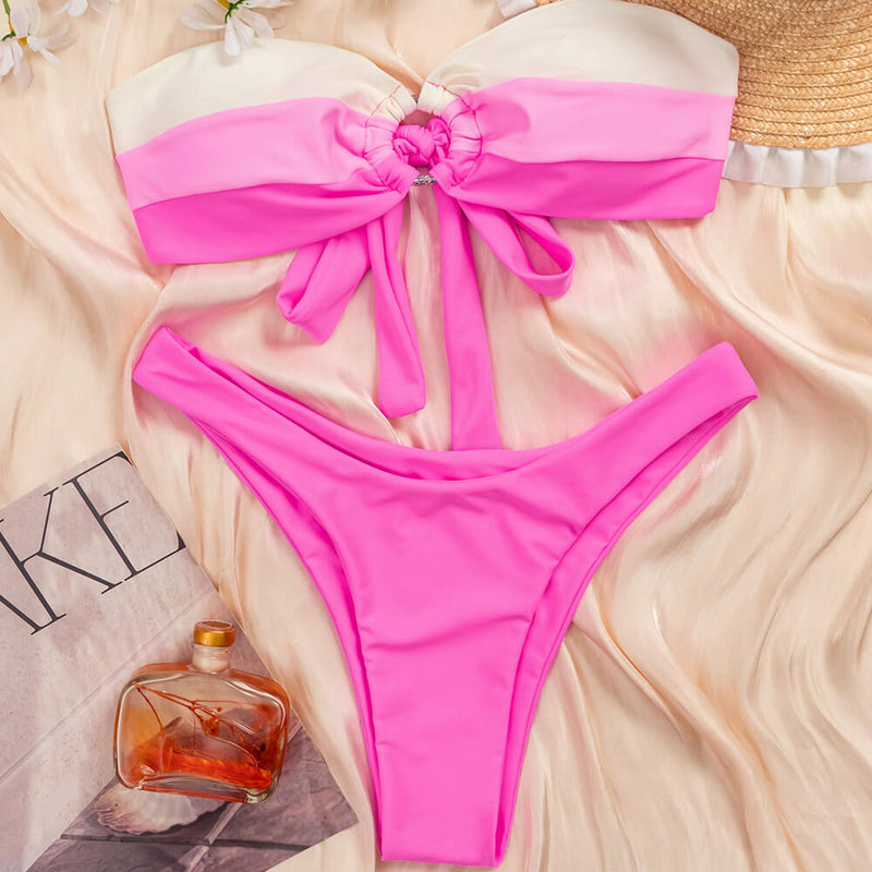 Festival High Cut O Ring Contrast Bandeau Brazilian Two Piece Bikini Swimsuit