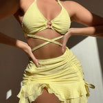 Flirty Crinkle Wrap Around O Ring Bralette Brazilian Three Piece Bikini Swimsuit