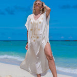 Floral Embroidered Oversized Side Split Brazilian Caftan Beach Cover Up Dress