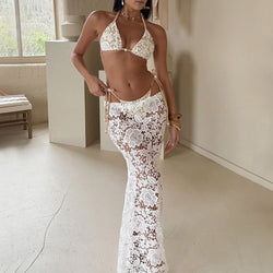 Floral Lace Skirt Tie Side Triangle Halter Brazilian Three Piece Bikini Swimsuit