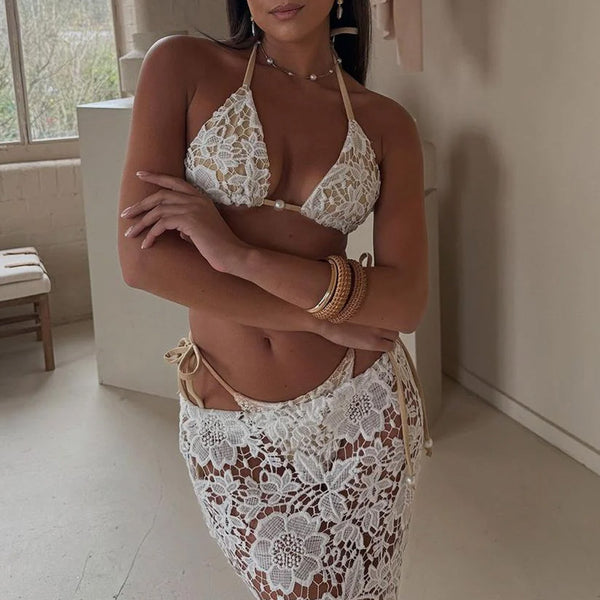 Floral Lace Skirt Tie Side Triangle Halter Brazilian Three Piece Bikini Swimsuit