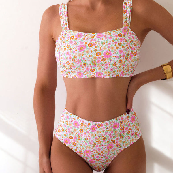 Floral Print High Waist Moderate Bralette Brazilian Two Piece Bikini Swimsuit