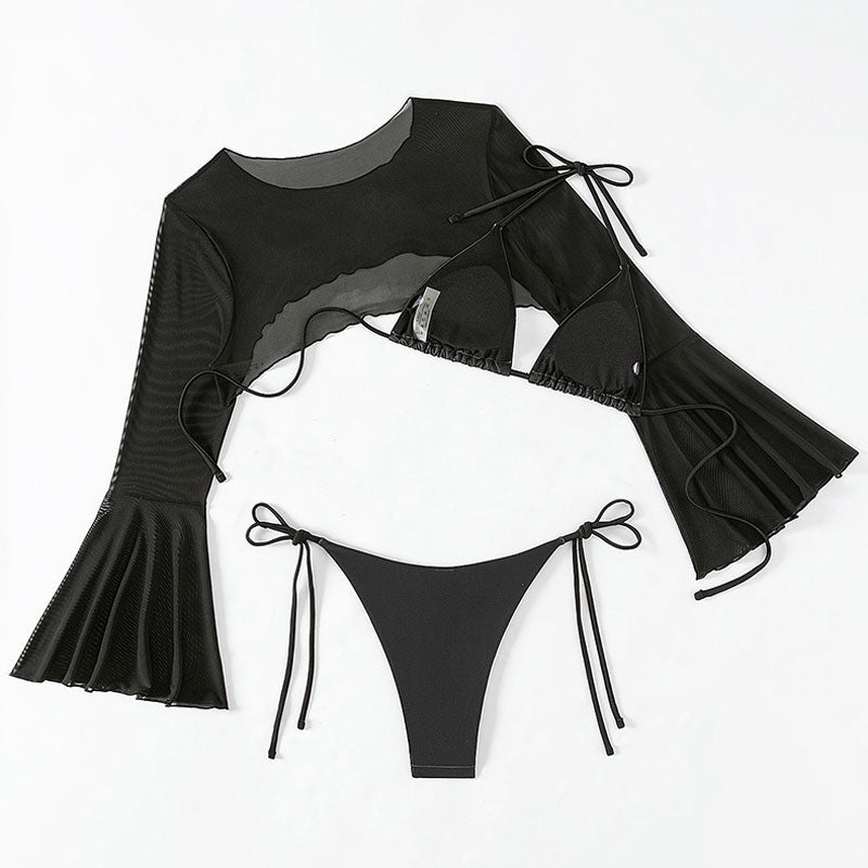 Flowy Cover Up Tie String Firework Triangle Brazilian Three Piece Bikini Swimsuit