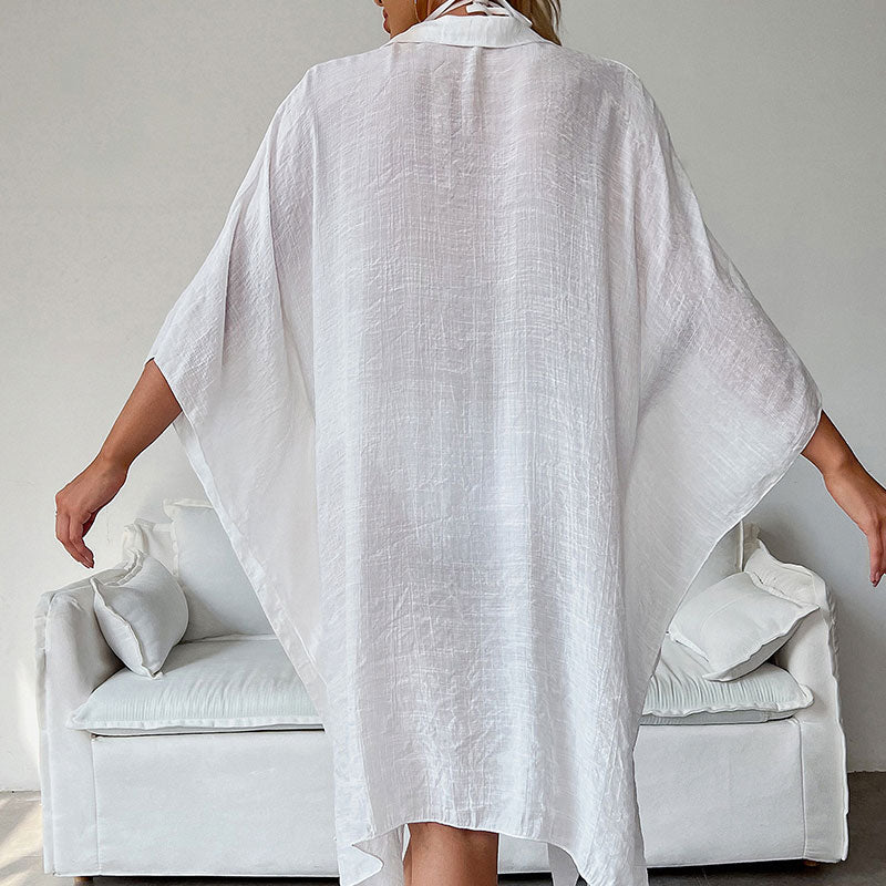 Flowy Wide Sleeve Collared Button Up Cotton Slub Brazilian Midi Cover Up