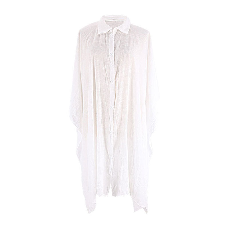 Flowy Wide Sleeve Collared Button Up Cotton Slub Brazilian Midi Cover Up