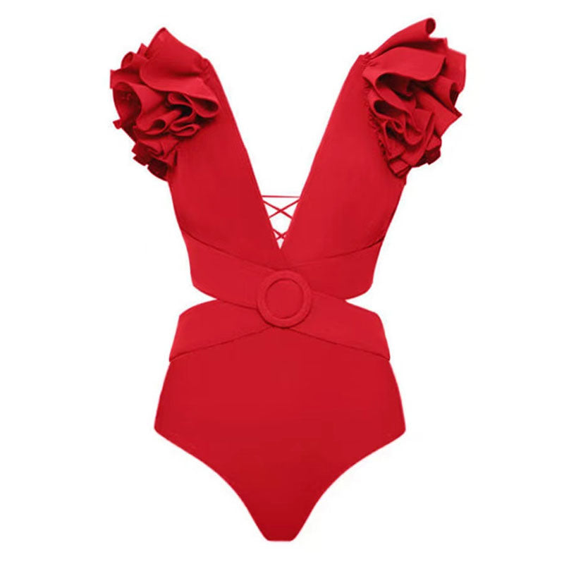 Flutter Ruffle Lace Up Back Cutout Waist Loop Trim Deep V Brazilian One Piece Swimsuit