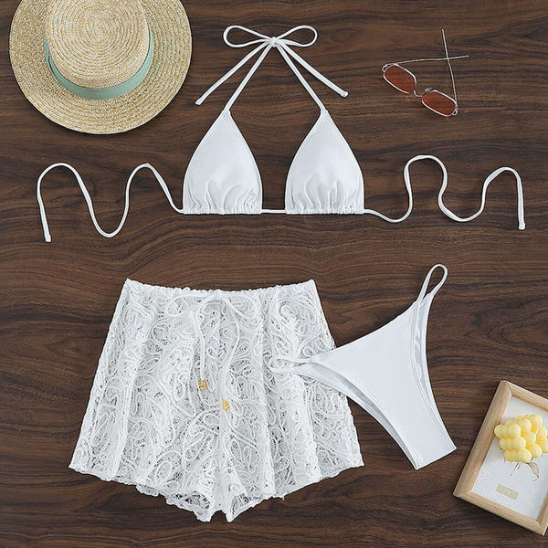 Fresh Crochet Shorts String Cheeky Triangle Brazilian Three Piece Bikini Swimsuit