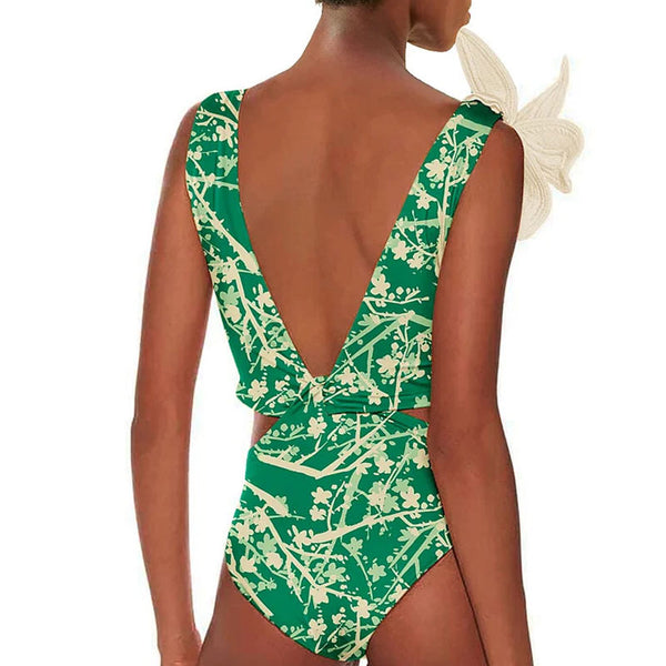 Fresh Floral Print Twist Cutout 3D Floral Deep V Neck Brazilian One Piece Swimsuit