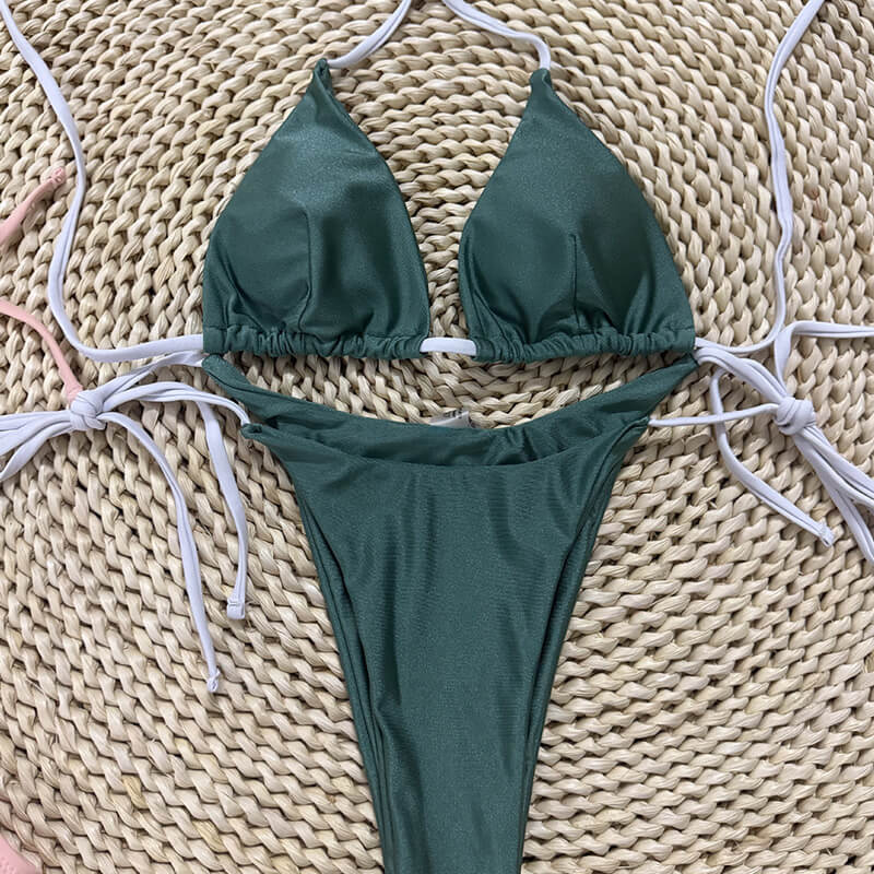 Glitter Contrast Strappy Halter Triangle Brazilian Two Piece Bikini Swimsuit