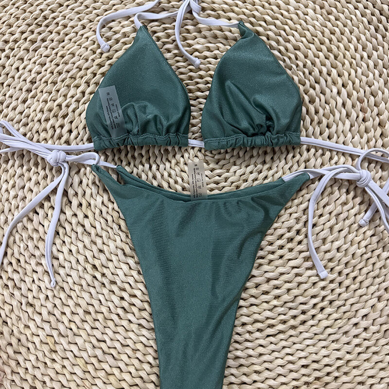 Glitter Contrast Strappy Halter Triangle Brazilian Two Piece Bikini Swimsuit