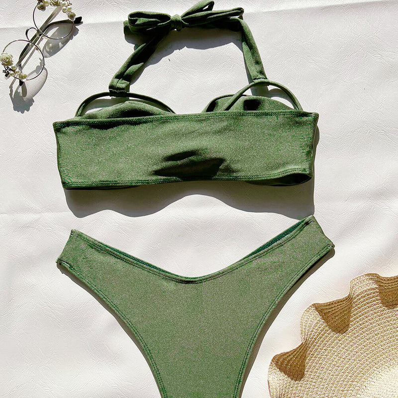 Glitter Cutout High Leg Cheeky Twist Halter Brazilian Two Piece Bikini Swimsuit