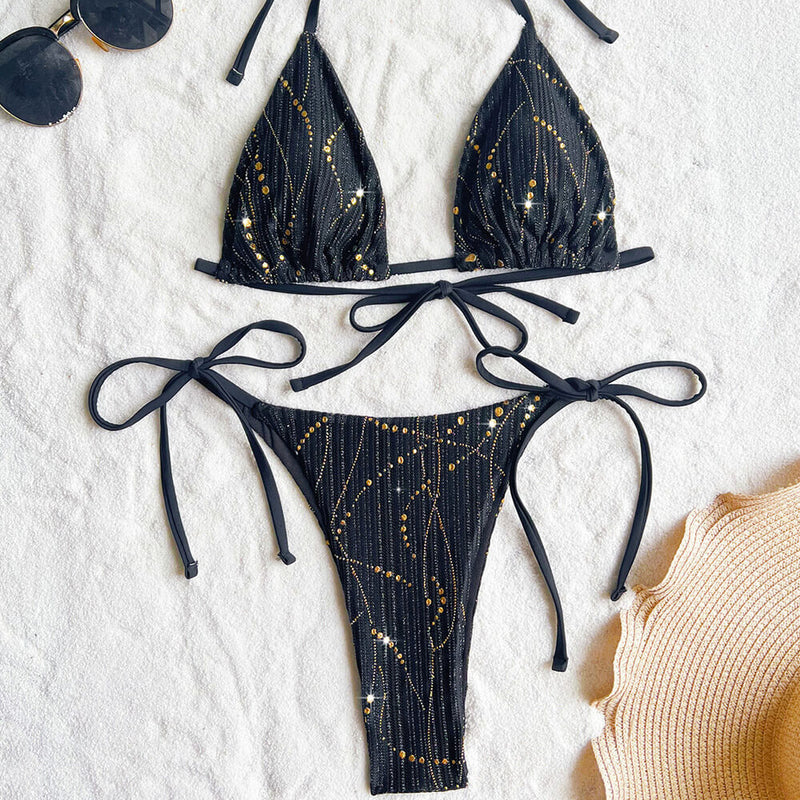 Glitter Dot Cheeky Thong Tie String Ribbed Triangle Brazilian Two Piece Bikini Swimsuit