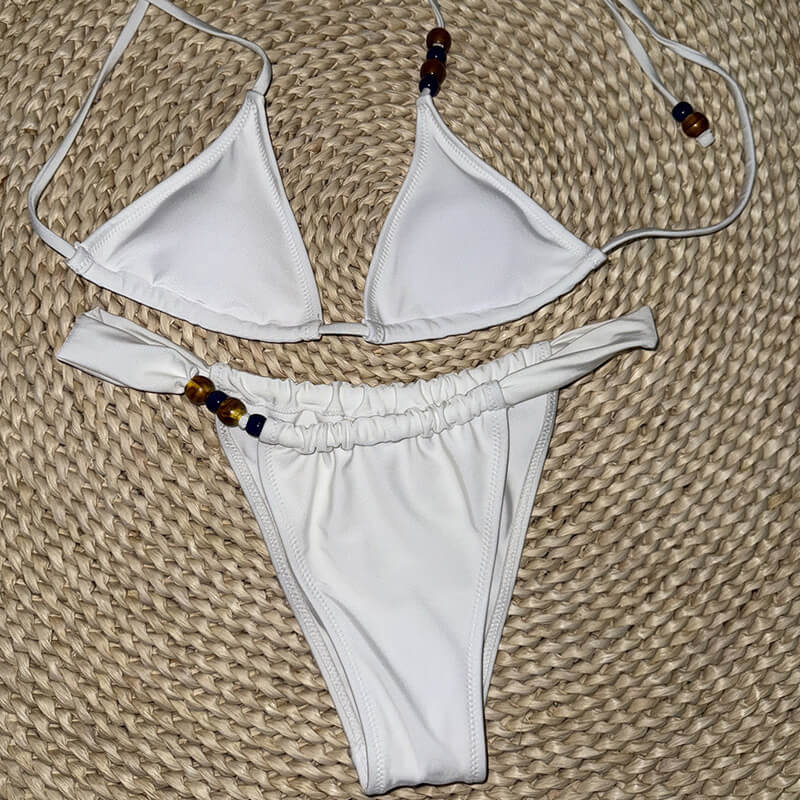 Glitter High Cut Beaded Halter Triangle Brazilian Two Piece Bikini Swimsuit