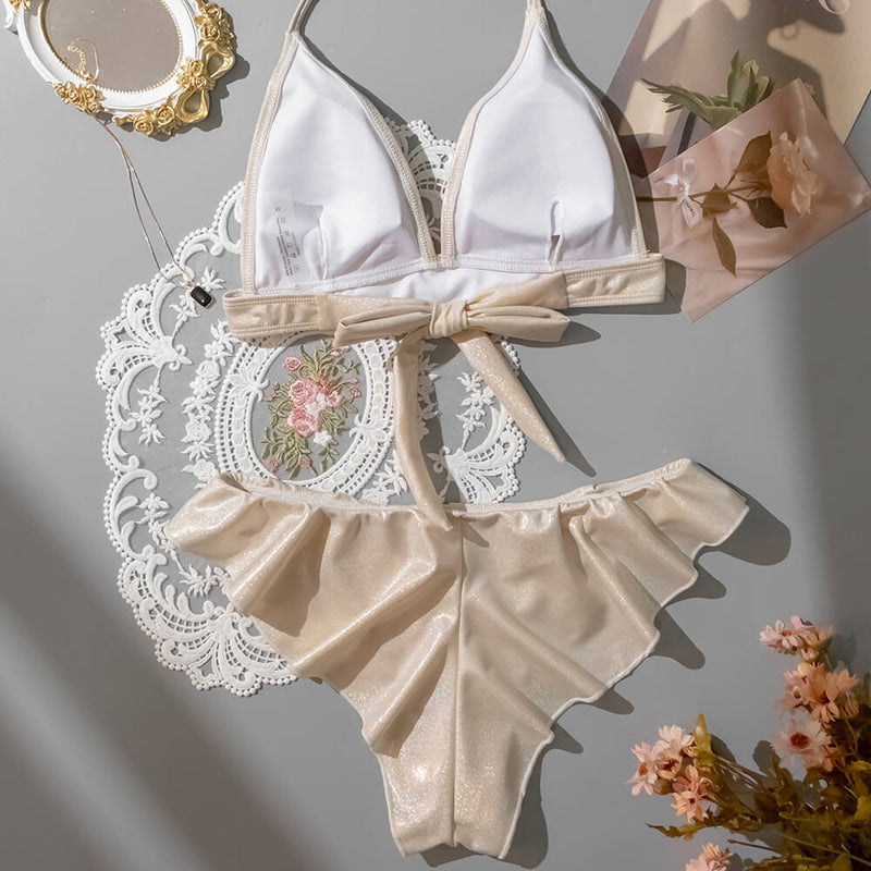 Glitter Low Waist Ruffled Moderate Triangle Brazilian Two Piece Bikini Swimsuit