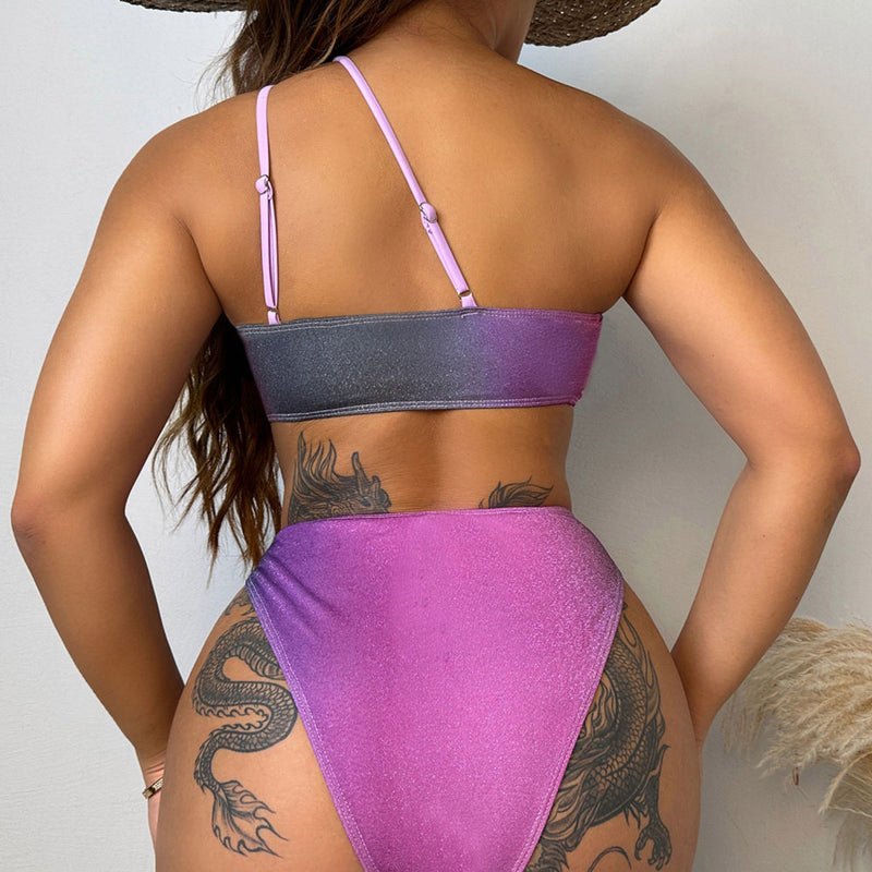 Glitter Lurex Ombre High Leg High Waist One Shoulder Brazilian Two Piece Bikini Swimsuit