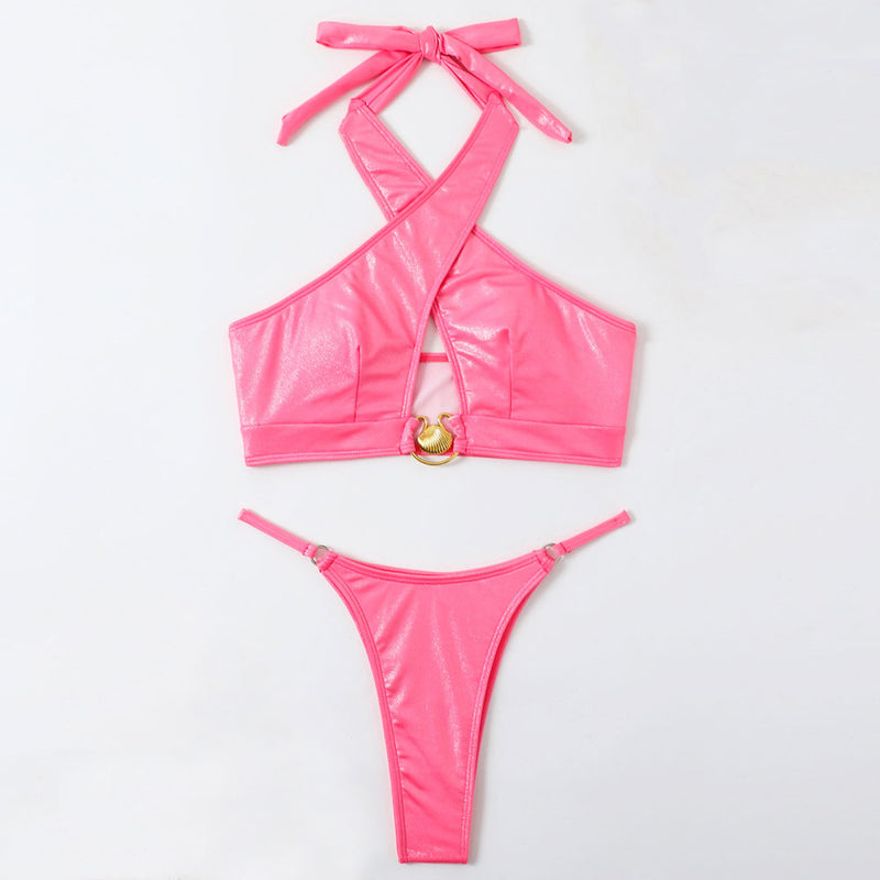 Glitter O Ring String Cheeky Seashell Trim Cross Halter Brazilian Two Piece Bikini Swimsuit