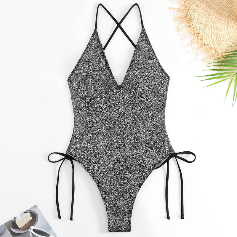 Glitter Tie String Crossed Low Back Cheeky Deep V Brazilian One Piece Swimsuit