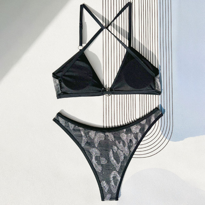 Glittering Textured O Ring High Cut Cheeky Brazilian Two Piece Bikini Swimsuit