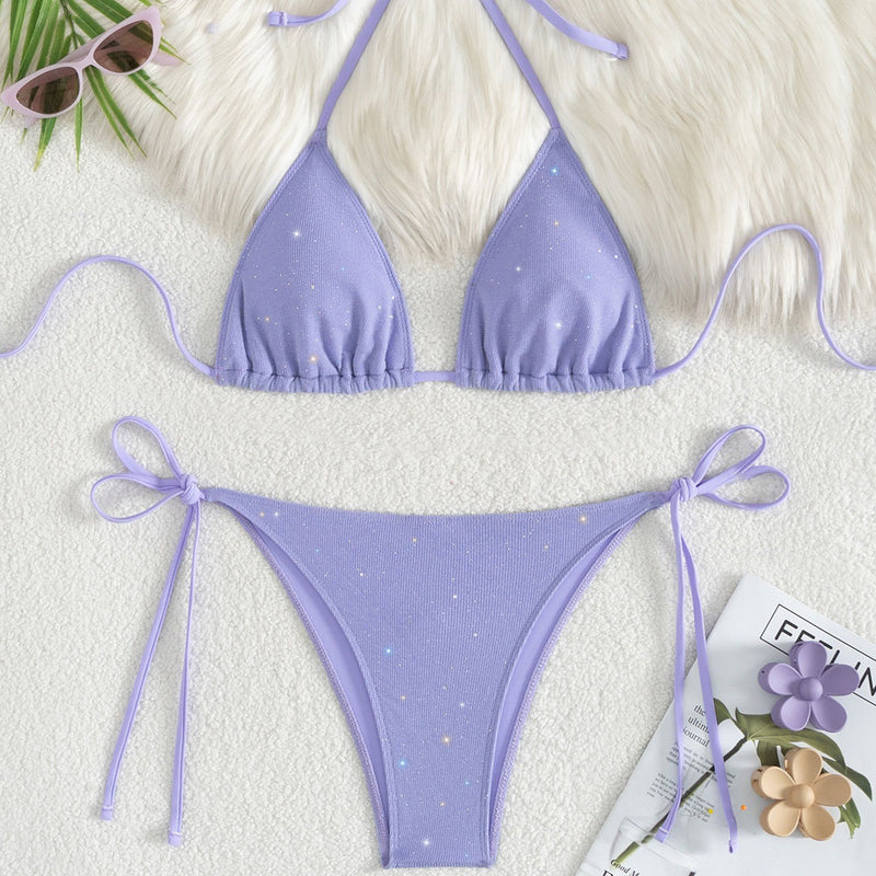 Glittering Tie Side Cheeky Slide Triangle Halter Brazilian Two Piece Bikini Swimsuit