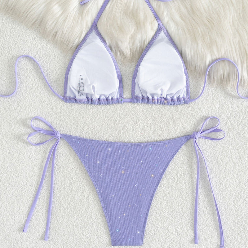 Glittering Tie Side Cheeky Slide Triangle Halter Brazilian Two Piece Bikini Swimsuit