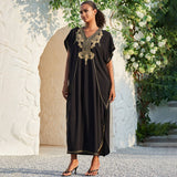 Leisure Contrast Floral Embroidered Short Sleeve Brazilian Caftan Cover UP Maxi Dress