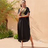 Leisure Contrast Floral Embroidered Short Sleeve Brazilian Caftan Cover UP Maxi Dress