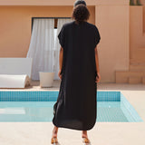 Leisure Contrast Floral Embroidered Short Sleeve Brazilian Caftan Cover UP Maxi Dress