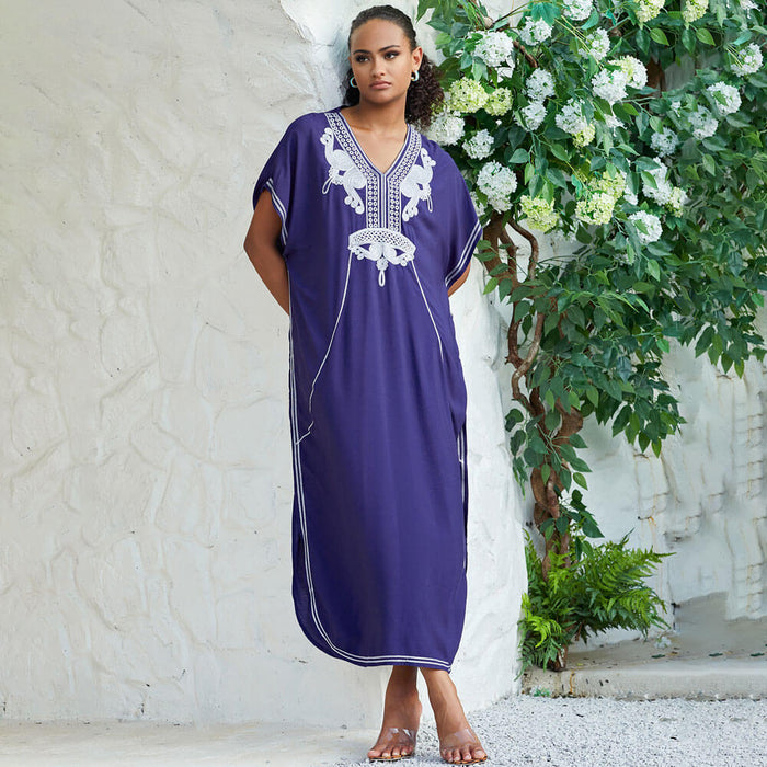 Leisure Contrast Floral Embroidered Short Sleeve Brazilian Caftan Cover UP Maxi Dress