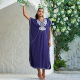Leisure Contrast Floral Embroidered Short Sleeve Brazilian Caftan Cover UP Maxi Dress