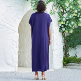 Leisure Contrast Floral Embroidered Short Sleeve Brazilian Caftan Cover UP Maxi Dress