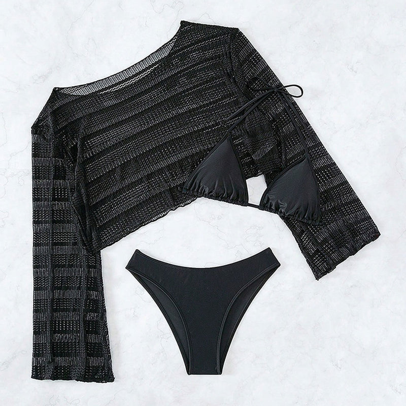 Leisure Long Sleeve Cover Up Cheeky Slide Triangle Brazilian Three Piece Bikini Swimsuit