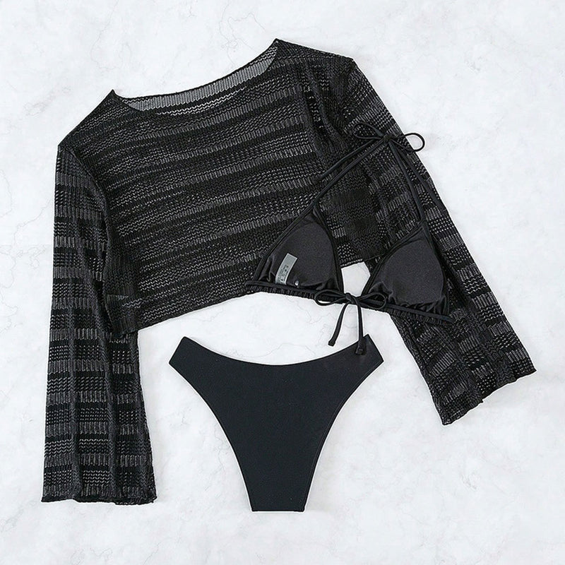 Leisure Long Sleeve Cover Up Cheeky Slide Triangle Brazilian Three Piece Bikini Swimsuit